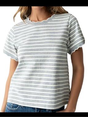 Asvivid Striped Scalloped Trim Round Neck Shirt